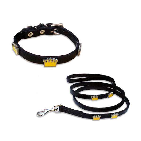 Enamel Crown Pet Dog Leather Collar and Leash