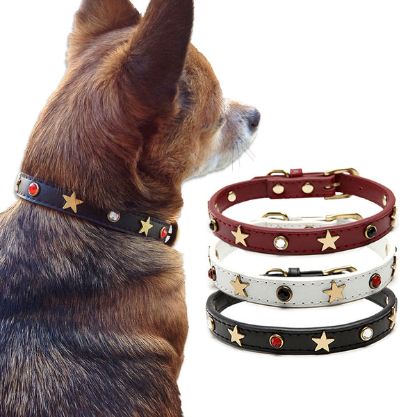 Leather Pet Dog Collar, Stars and Crystals