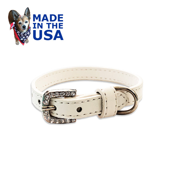 Vegan Pet Dog Collar, White with Crystal Buckle, Made in the USA