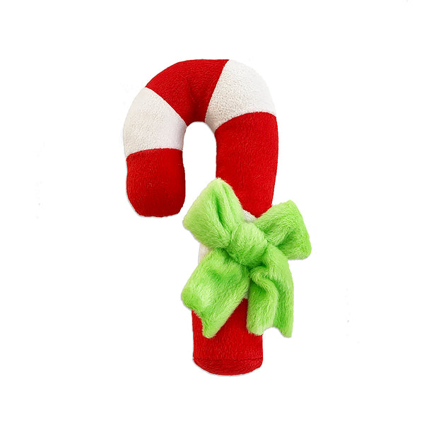 Plush Stripe Candy Cane with a Bow Dog Toy