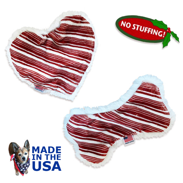 Made in the USA No Stuffing Puppermint Heart or Bone Holiday Small Dog Toy