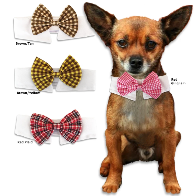 Bow Tie for Dog Collar Attaches With Hook-and-loop Fastener 