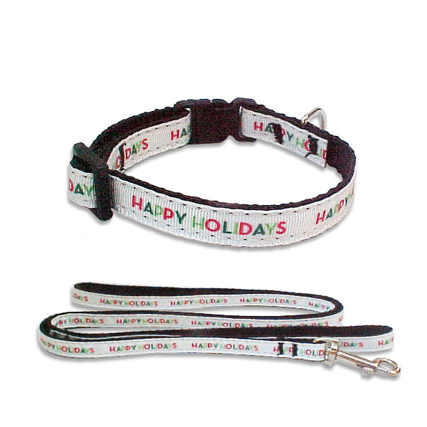 Happy Holidays Ribbon Dog Collar and Leash Combo for Small Dogs